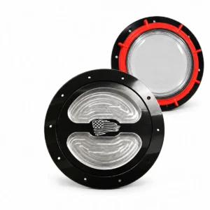 Black and silver billet intercooler cap with red-ring clear-center cap behind it