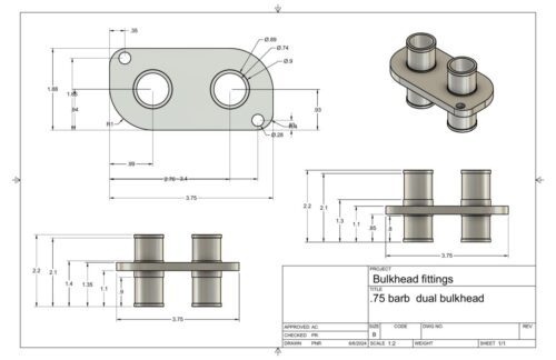 Bulkhead fitting for dual hoses. 3/4" and 1" hoses. - Image 2