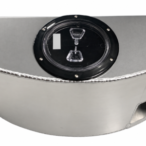 Silver curved 2010–2015 Camaro trunk ice tank with clear-center cap and partially visible side-mounted DC150 pump on a solid white background