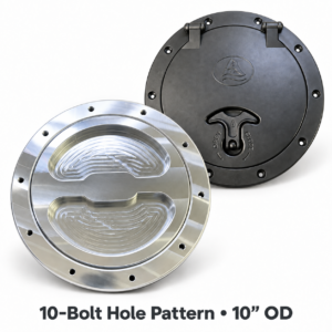 Billet replacement for XL hinged plastic intercooler cap with 10-bolt hole pattern and 10-inch outside diameter