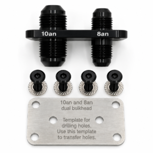 PNR 10AN and 8AN dual bulkhead fitting with four mounting fasteners and drilling template