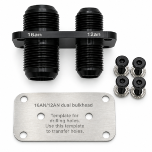 PNR 16AN and 12AN dual bulkhead fitting with four mounting fasteners and drilling template