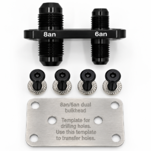 PNR 8AN and 6AN dual bulkhead fitting with four mounting fasteners and drilling template